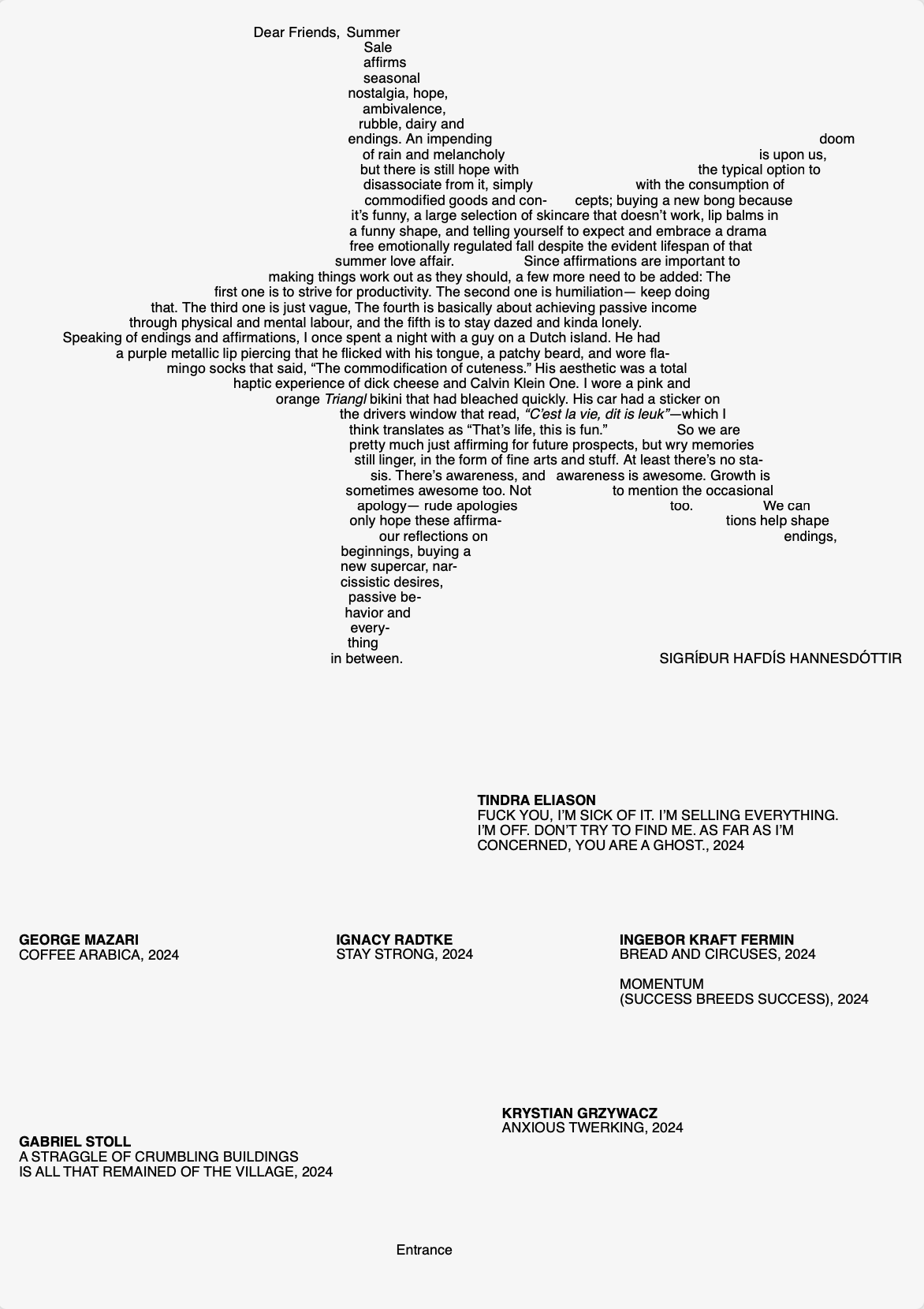 Summer Sale exhibition handout with a poem set in a scattered typographic layout and a list of artists and works