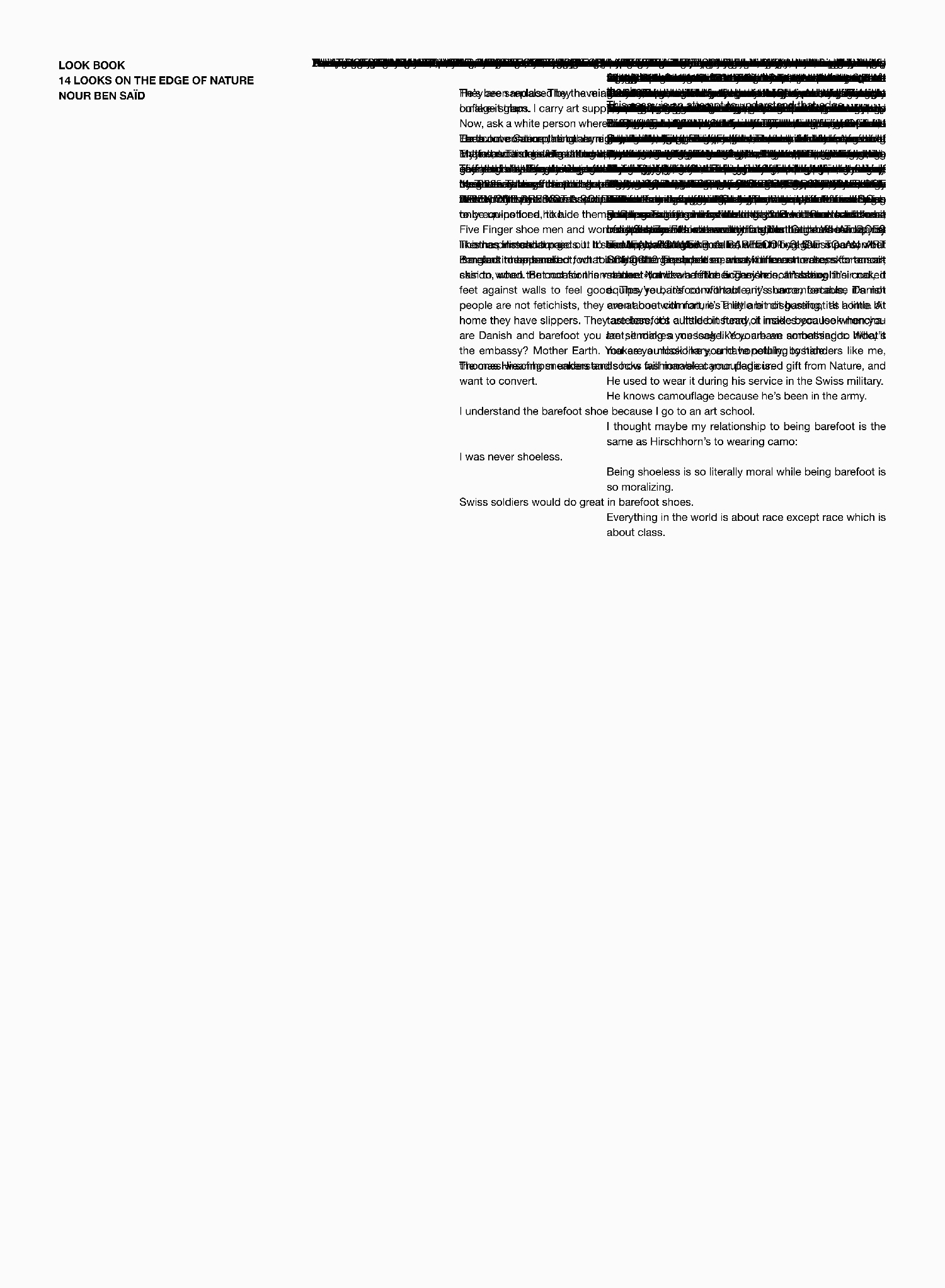 Editorial text page with blacked-out lines from the fashion lookbook LOOK BOOK 14 Looks on the Edge of Nature