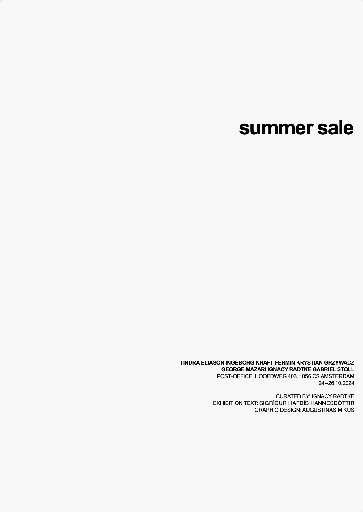Summer Sale exhibition handout with the title "summer sale" and artist credits on a white page