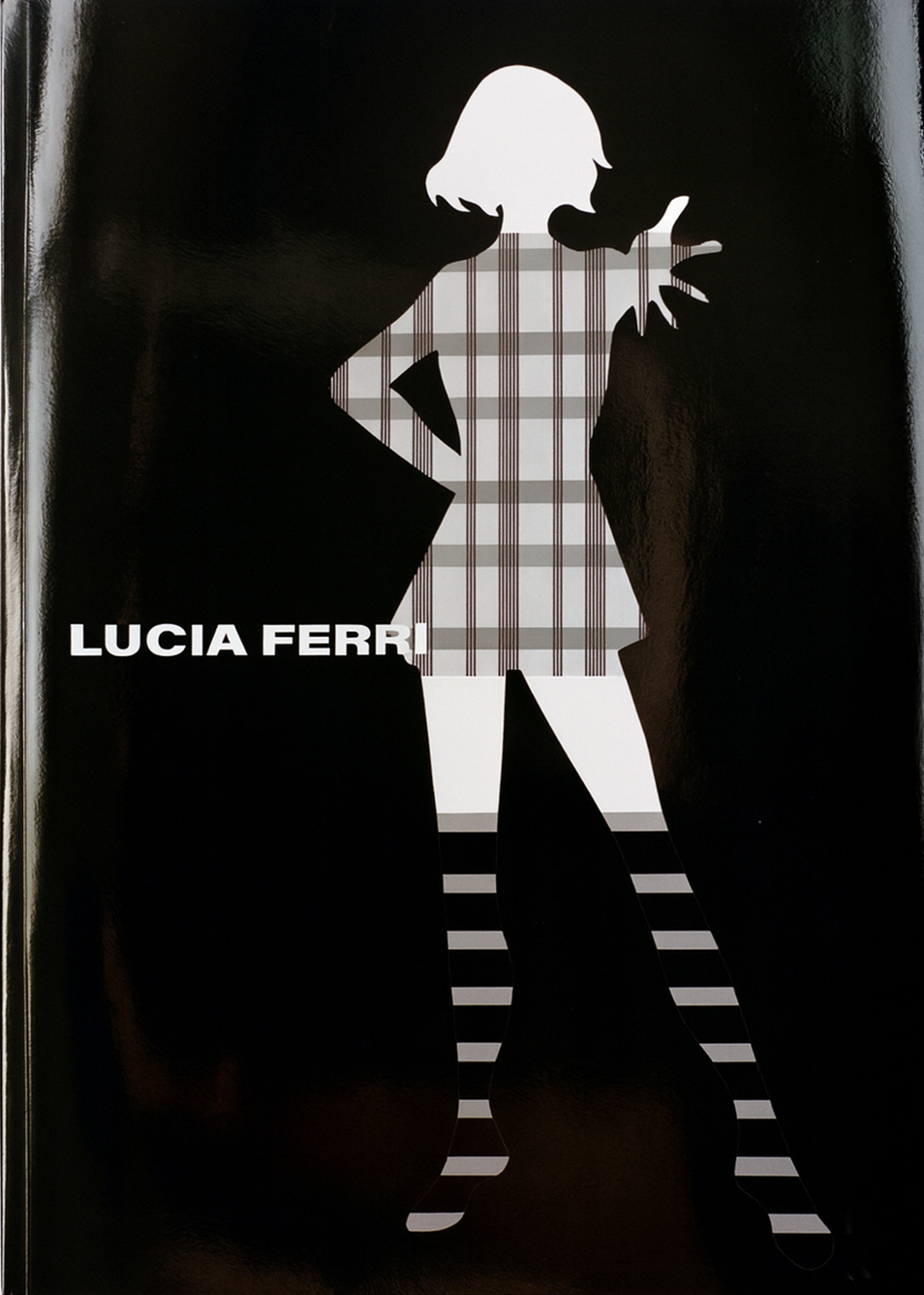 Illustrated silhouette of a woman in a checked dress and striped tights, advertisement for Lucia Ferri