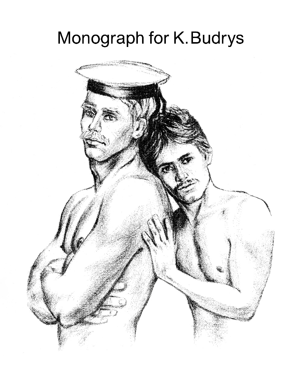 Title page "Monograph for K.Budrys" with a drawing of two men embracing, book design