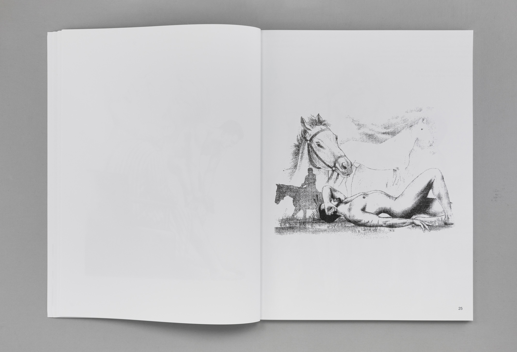 Open book spread with a pencil drawing of a horse and a reclining figure, K.Budrys monograph, Ryder Books