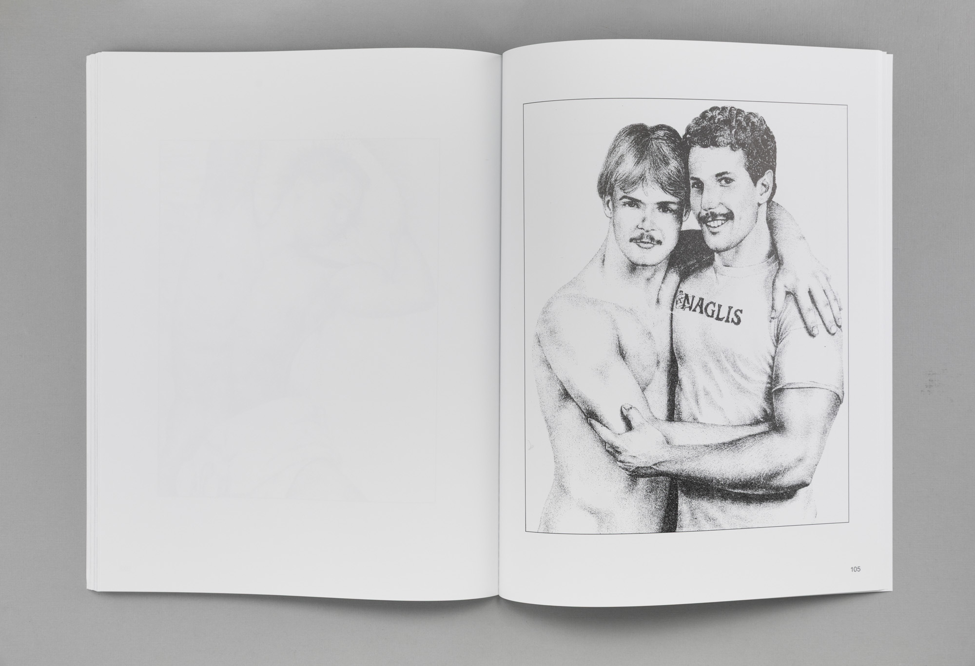 Open book spread with a drawing of two men embracing, K.Budrys monograph, Ryder Books