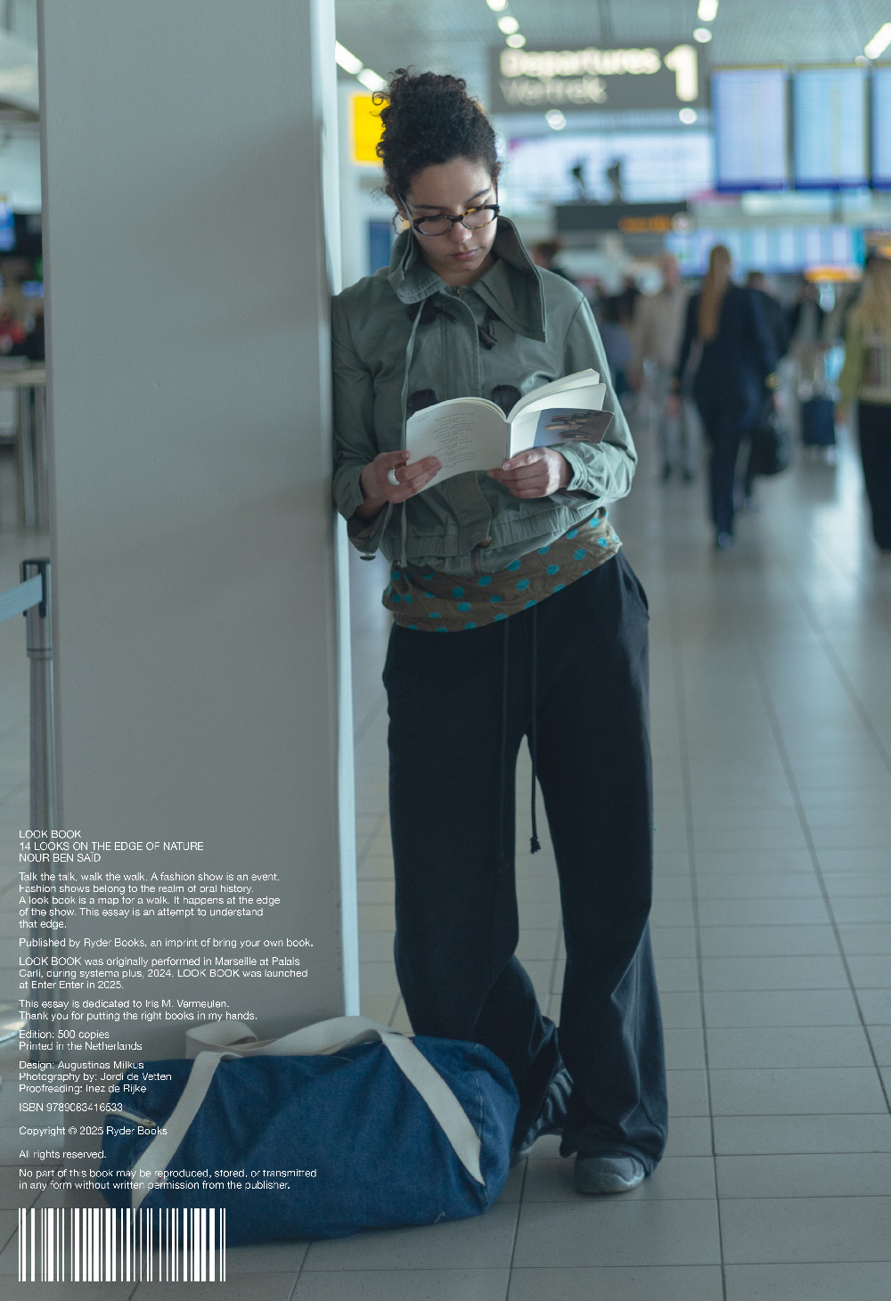 Person reading in an airport terminal, fashion lookbook LOOK BOOK 14 Looks on the Edge of Nature by Nour Ben Saïd, book design