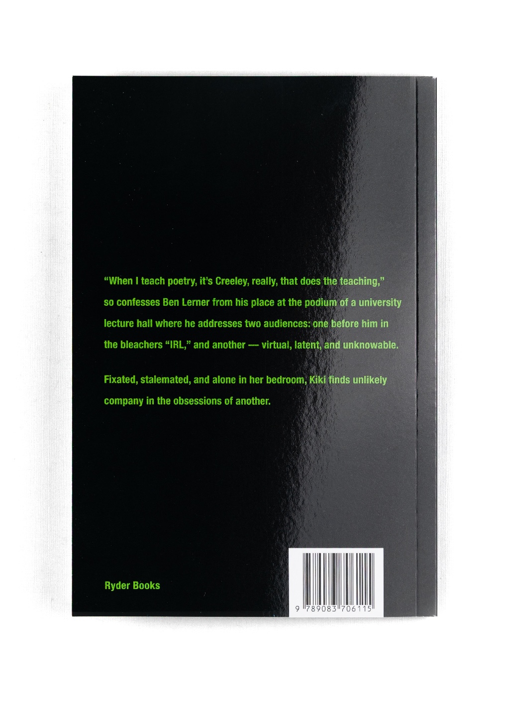 Back cover of The Language by Cameron Lynch, green type on black, Ryder Books